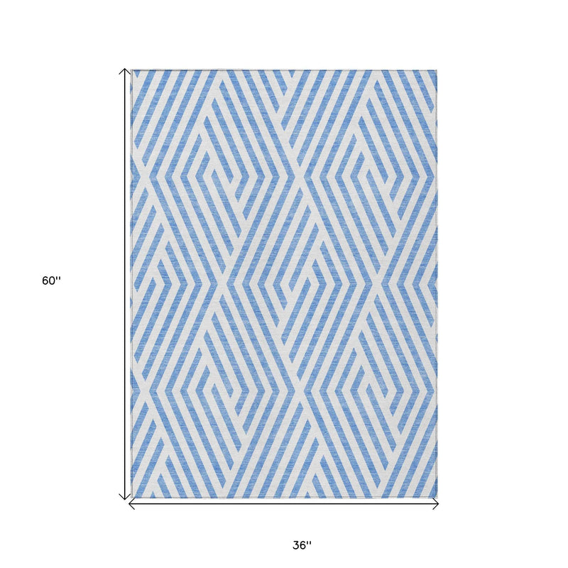 3' X 5' Blue and Ivory Geometric Washable Non Skid Indoor Outdoor Area Rug