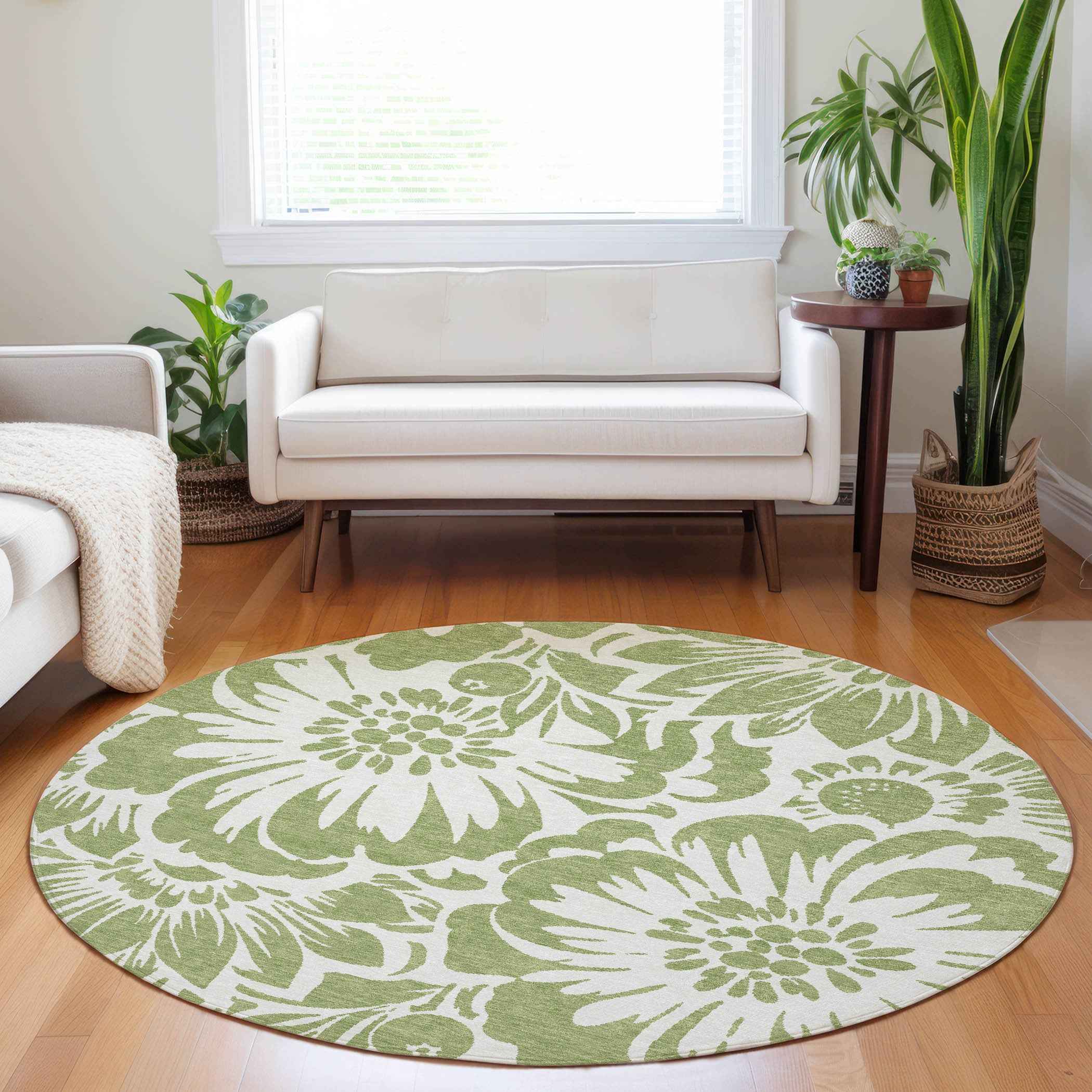 8' Round Green and Ivory Round Floral Washable Non Skid Indoor Outdoor Area Rug