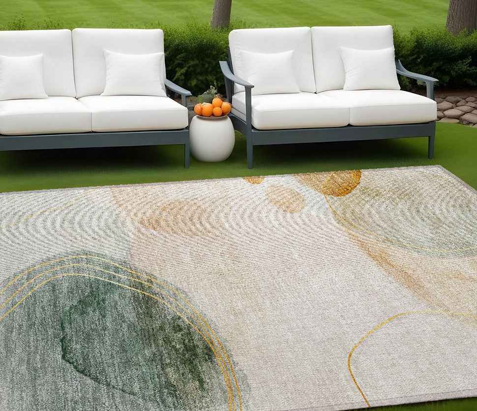 8' X 10' Beige and Green Abstract Washable Non Skid Indoor Outdoor Area Rug