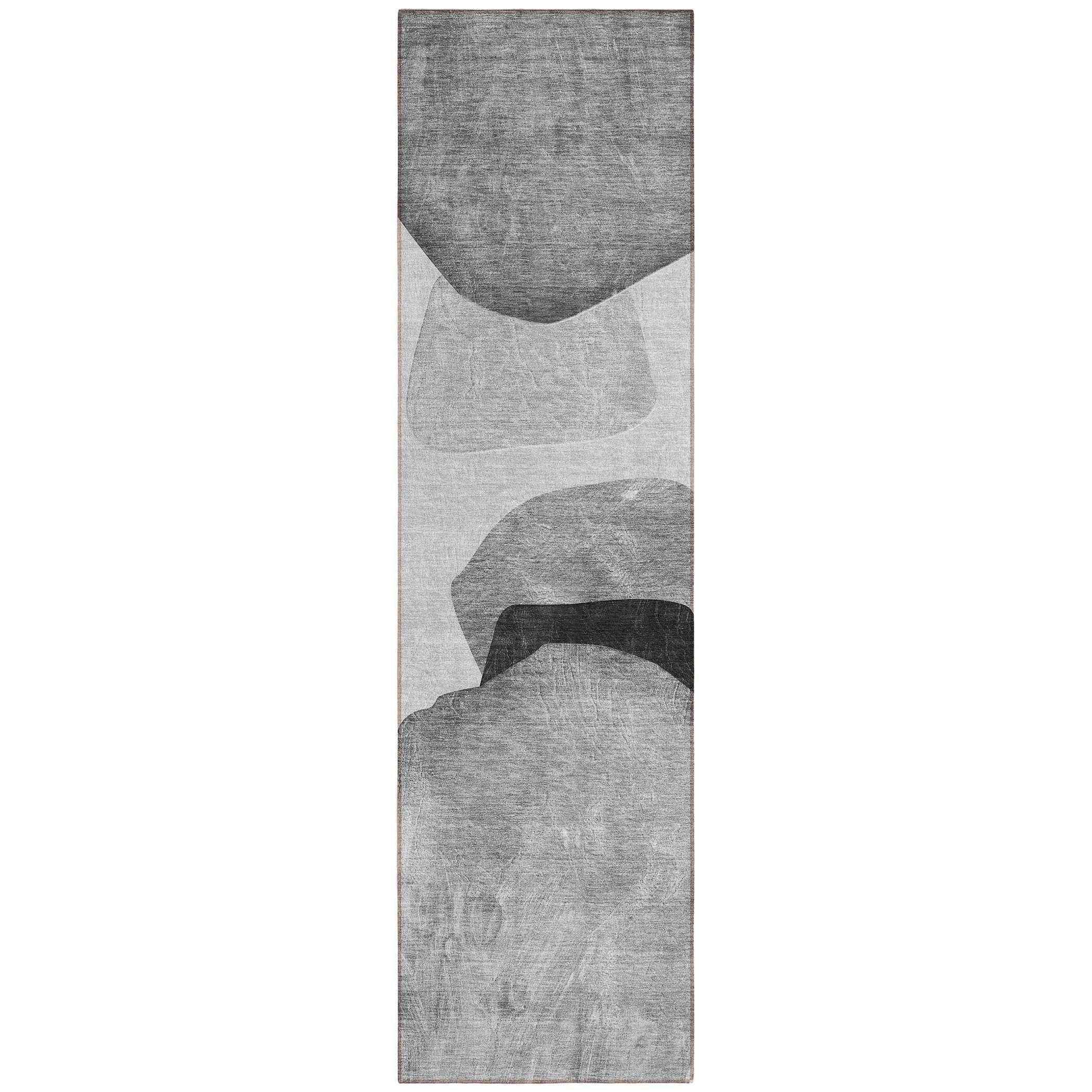 8' Runner Gray and Black Abstract Washable Non Skid Indoor Outdoor Runner Rug