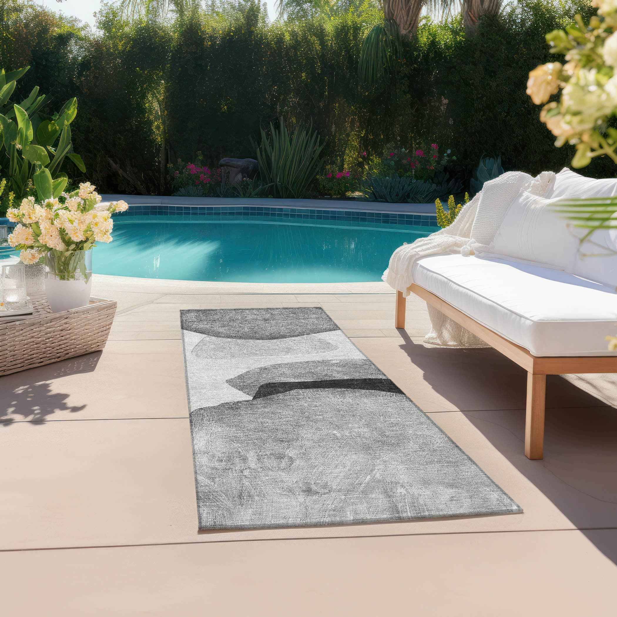 8' Runner Gray and Black Abstract Washable Non Skid Indoor Outdoor Runner Rug