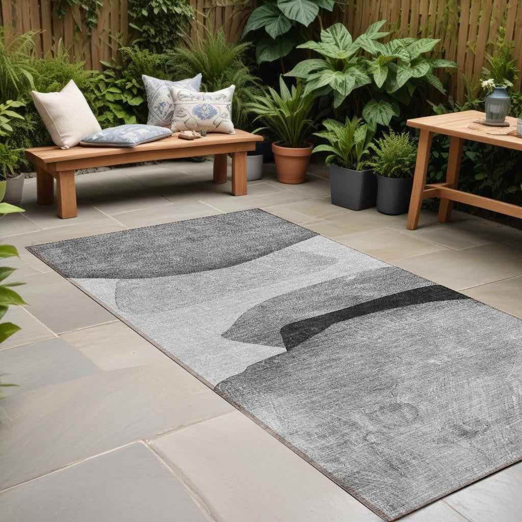 8' Runner Gray and Black Abstract Washable Non Skid Indoor Outdoor Runner Rug