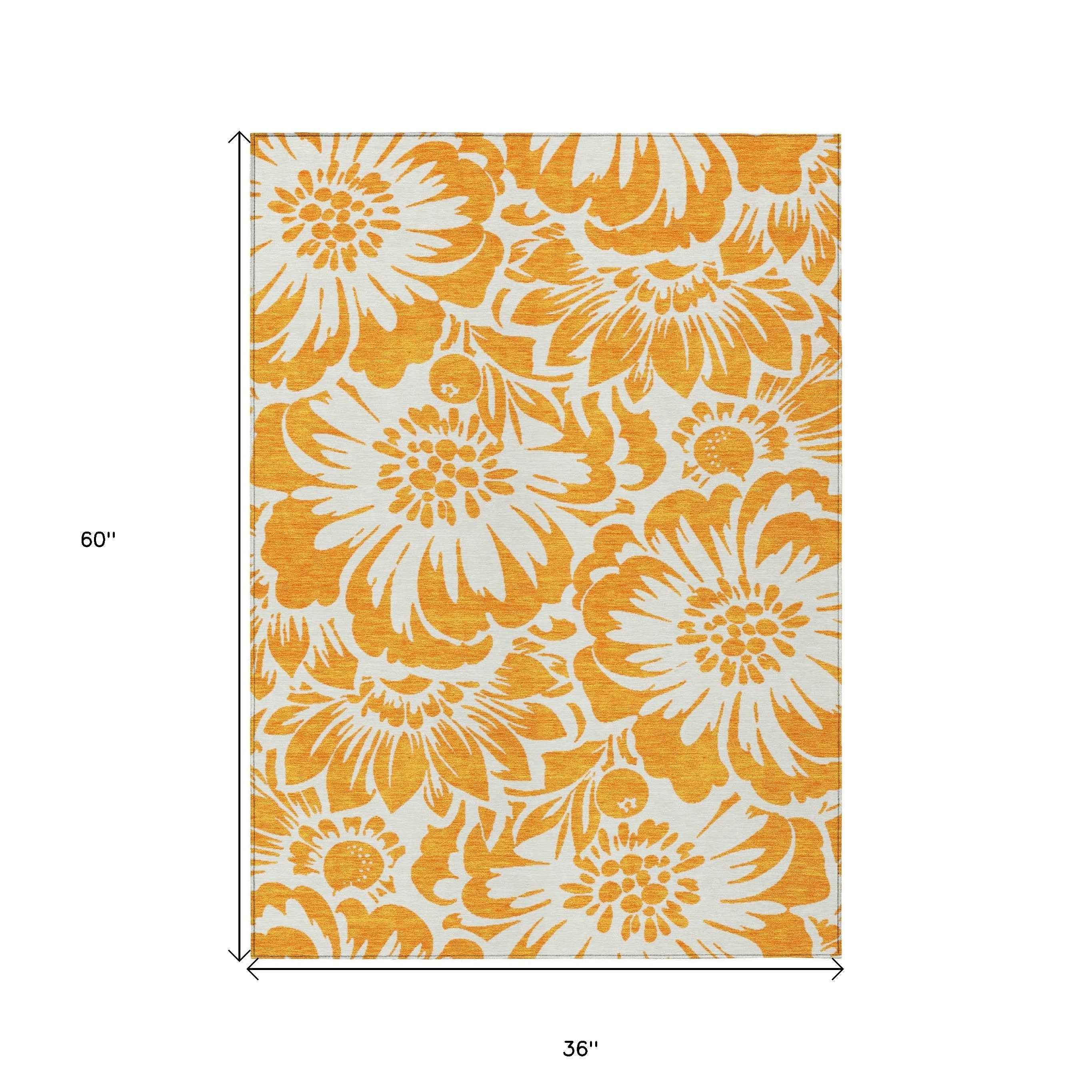 3' X 5' Orange and White Floral Washable Non Skid Indoor Outdoor Area Rug