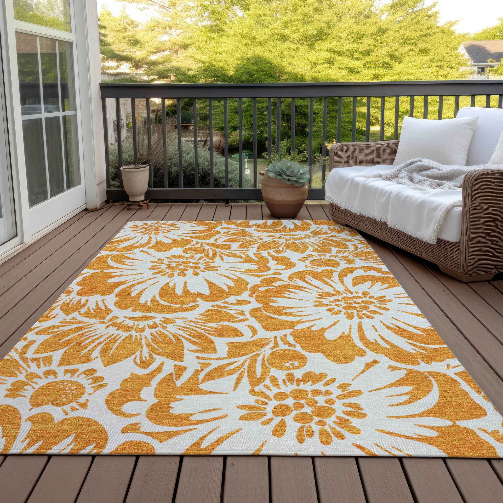 3' X 5' Orange and White Floral Washable Non Skid Indoor Outdoor Area Rug