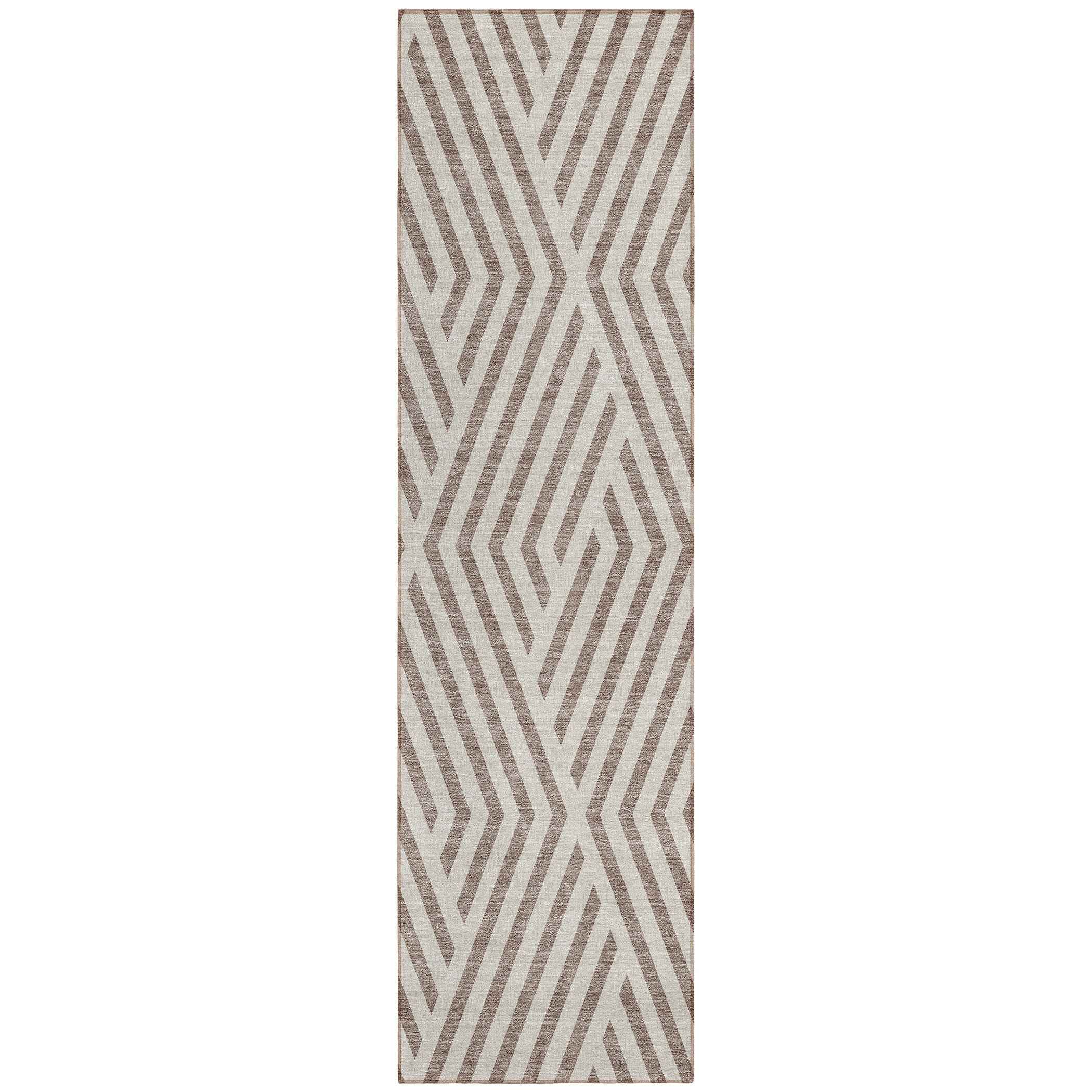 8' Runner Taupe and Ivory Geometric Washable Non Skid Indoor Outdoor Runner Rug