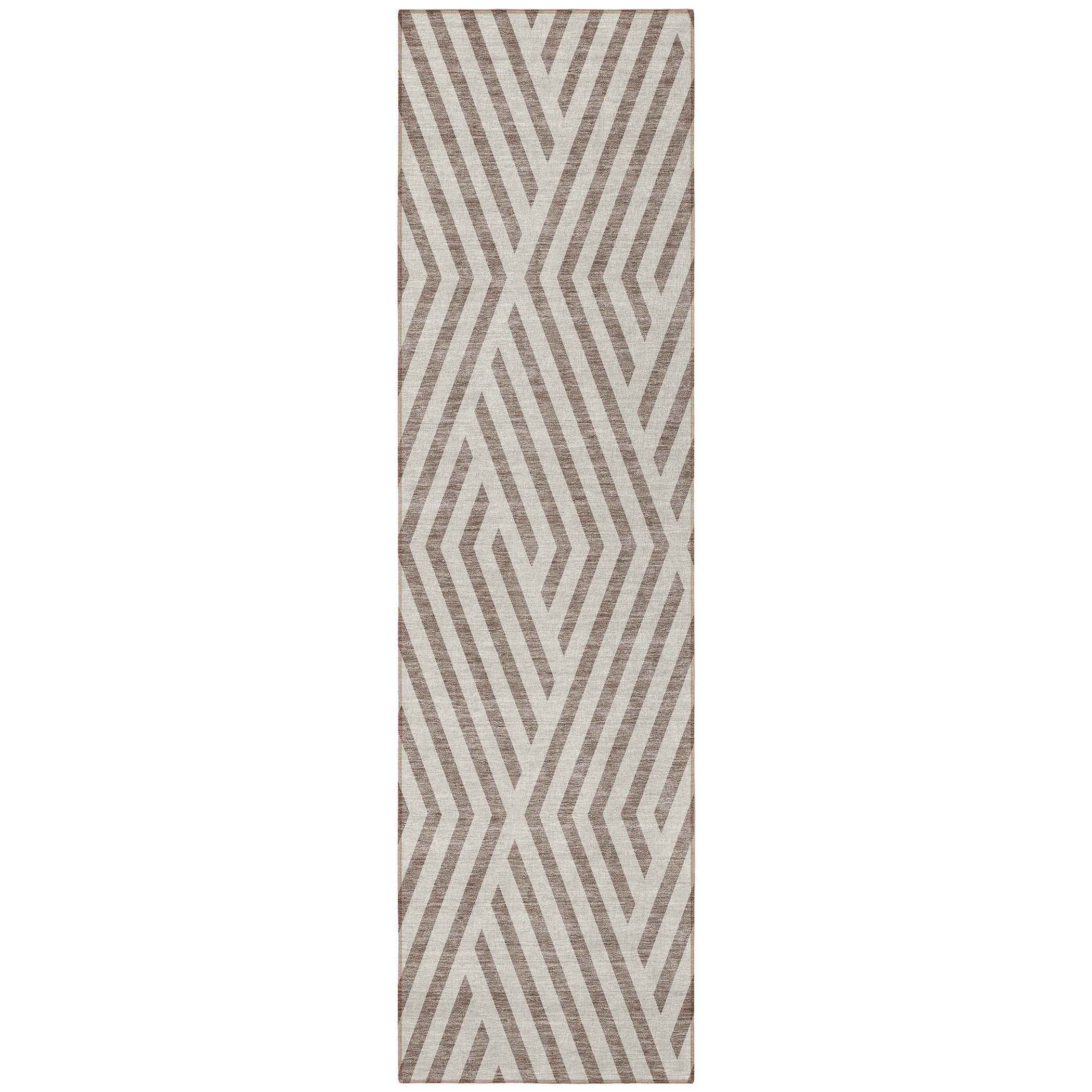 8' Runner Taupe and Ivory Geometric Washable Non Skid Indoor Outdoor Runner Rug