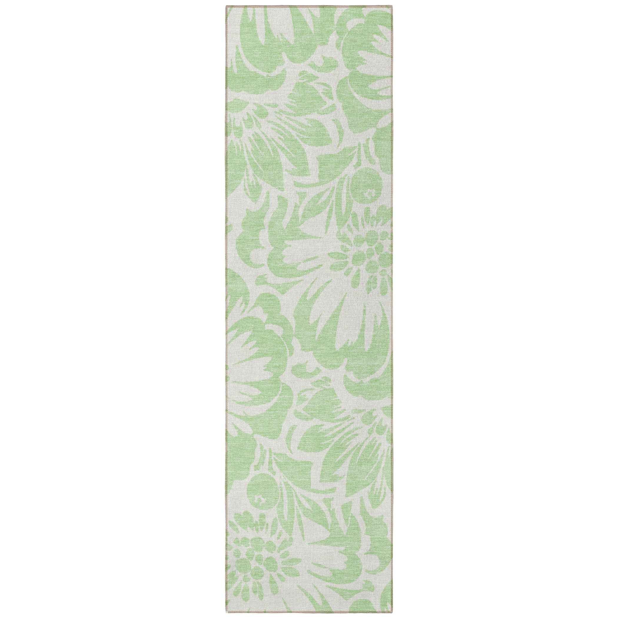 8' Runner Mint Green and Ivory Floral Washable Non Skid Indoor Outdoor Runner Rug