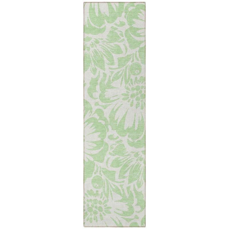 8' Runner Mint Green and Ivory Floral Washable Non Skid Indoor Outdoor Runner Rug