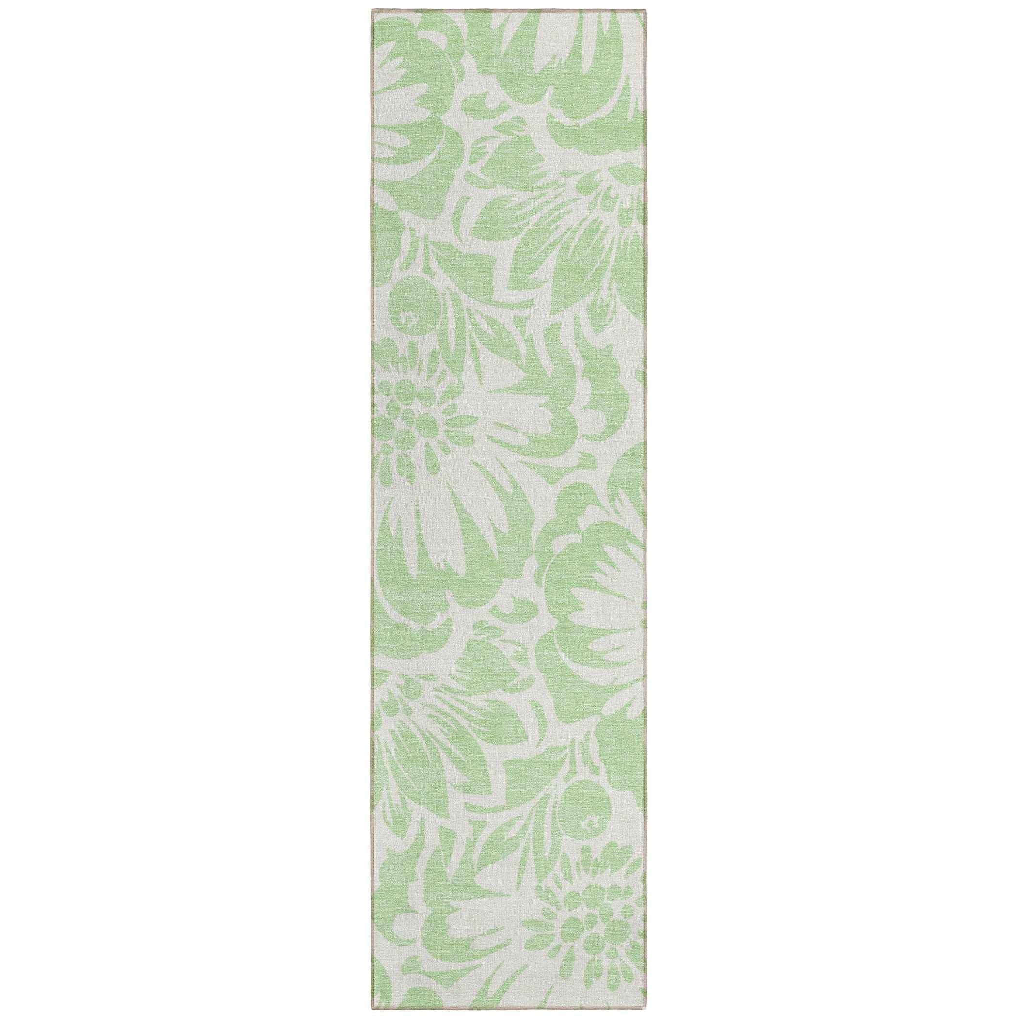 8' Runner Mint Green and Ivory Floral Washable Non Skid Indoor Outdoor Runner Rug