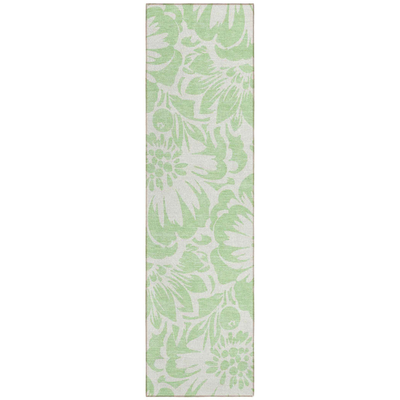 8' Runner Mint Green and Ivory Floral Washable Non Skid Indoor Outdoor Runner Rug