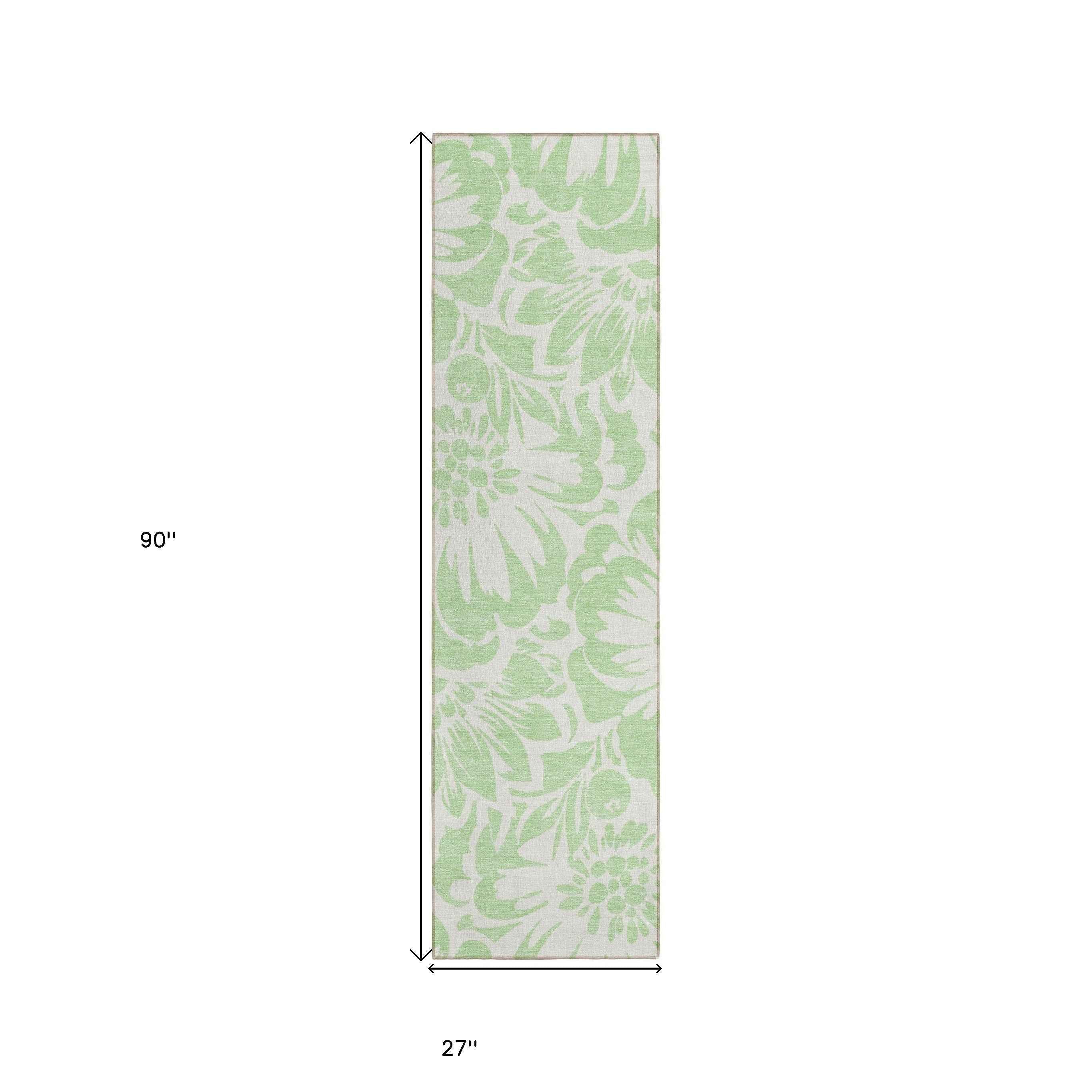 8' Runner Mint Green and Ivory Floral Washable Non Skid Indoor Outdoor Runner Rug