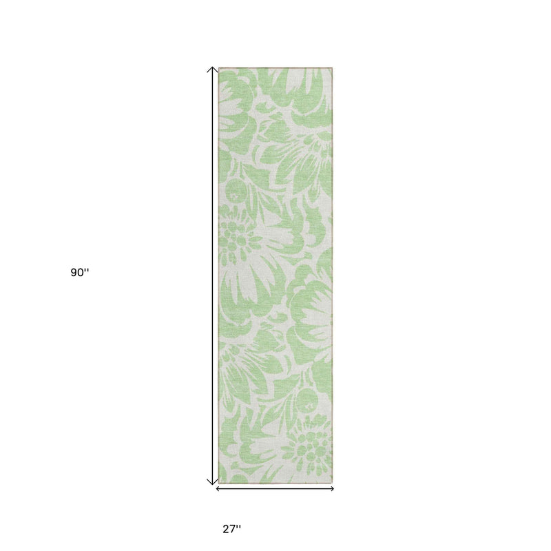 8' Runner Mint Green and Ivory Floral Washable Non Skid Indoor Outdoor Runner Rug