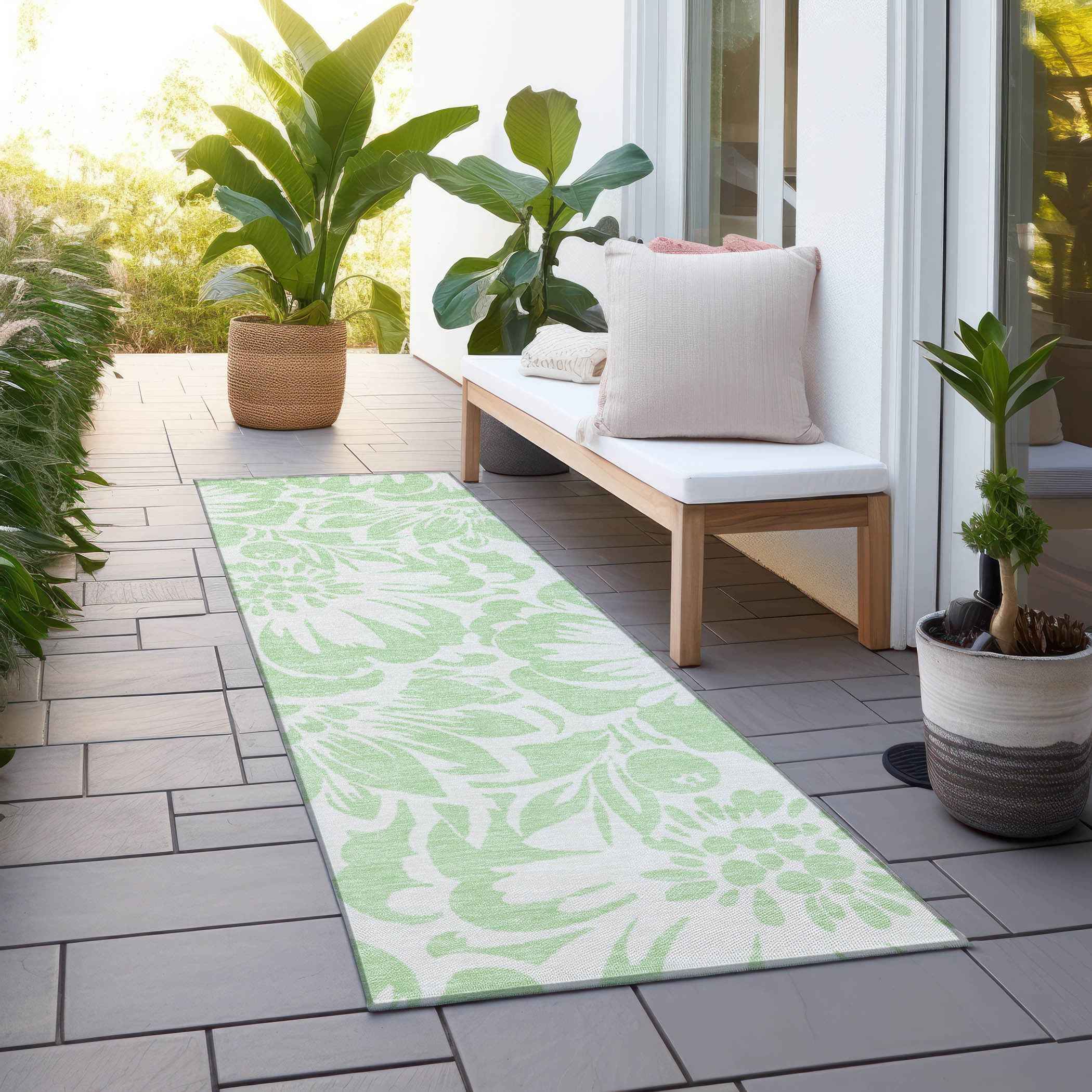 8' Runner Mint Green and Ivory Floral Washable Non Skid Indoor Outdoor Runner Rug