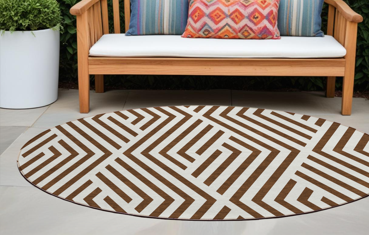 8' Brown And White Round Geometric Washable Indoor Outdoor Area Rug