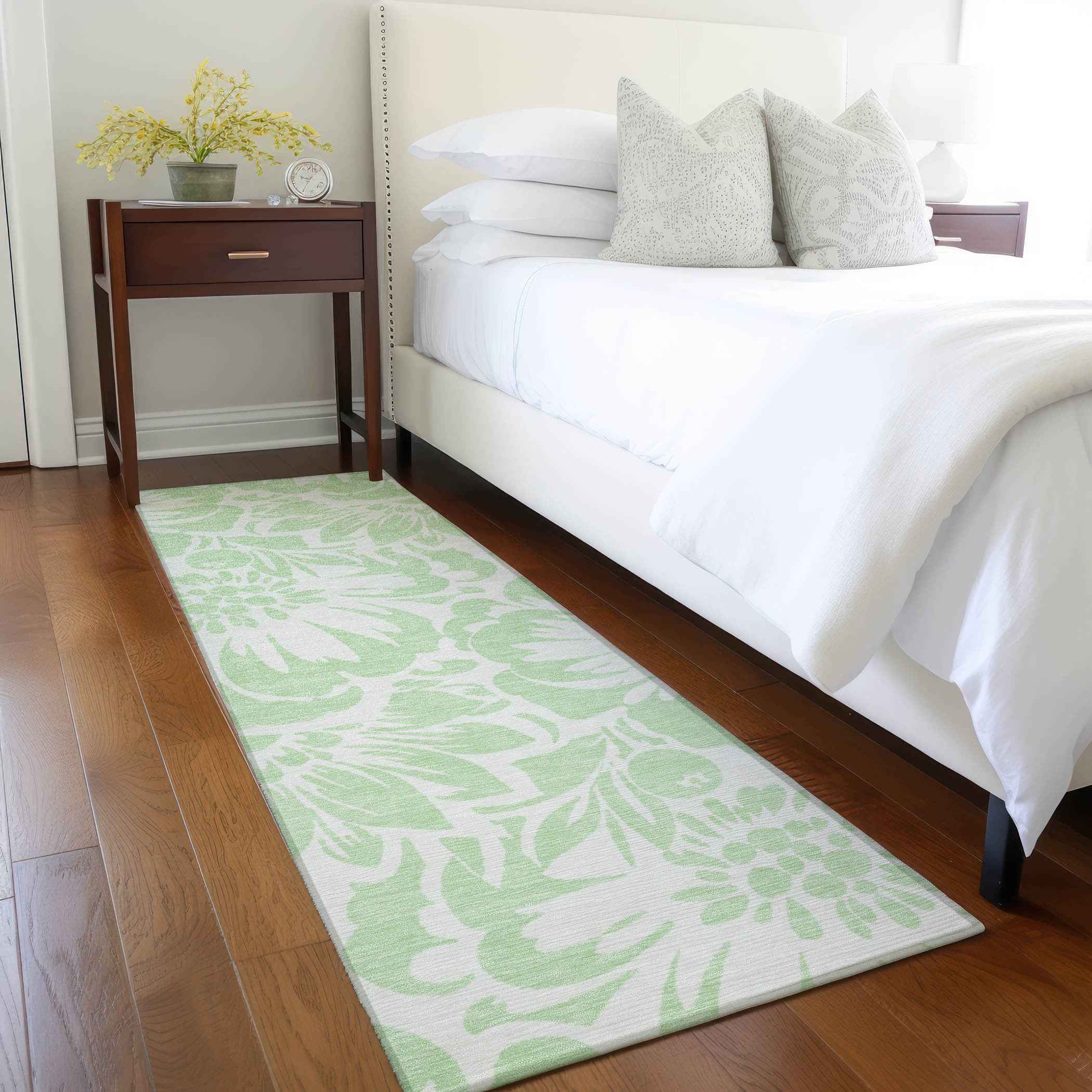 8' Runner Mint Green and Ivory Floral Washable Non Skid Indoor Outdoor Runner Rug