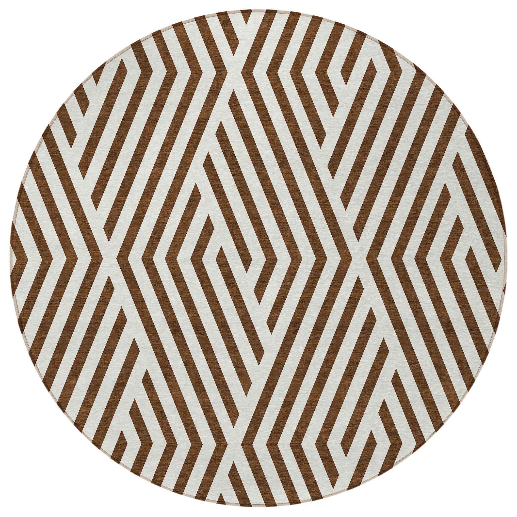 8' Brown And White Round Geometric Washable Indoor Outdoor Area Rug