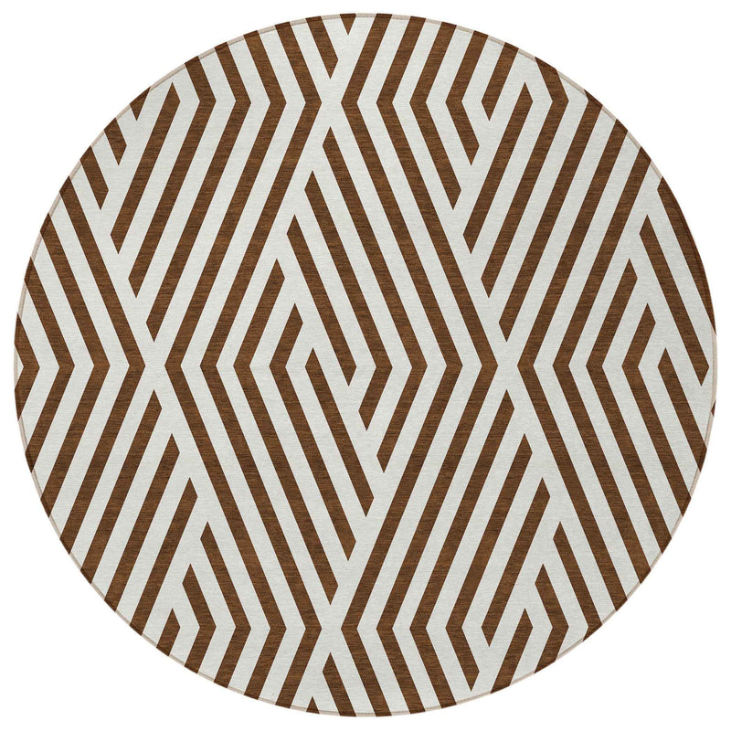 8' Brown And White Round Geometric Washable Indoor Outdoor Area Rug