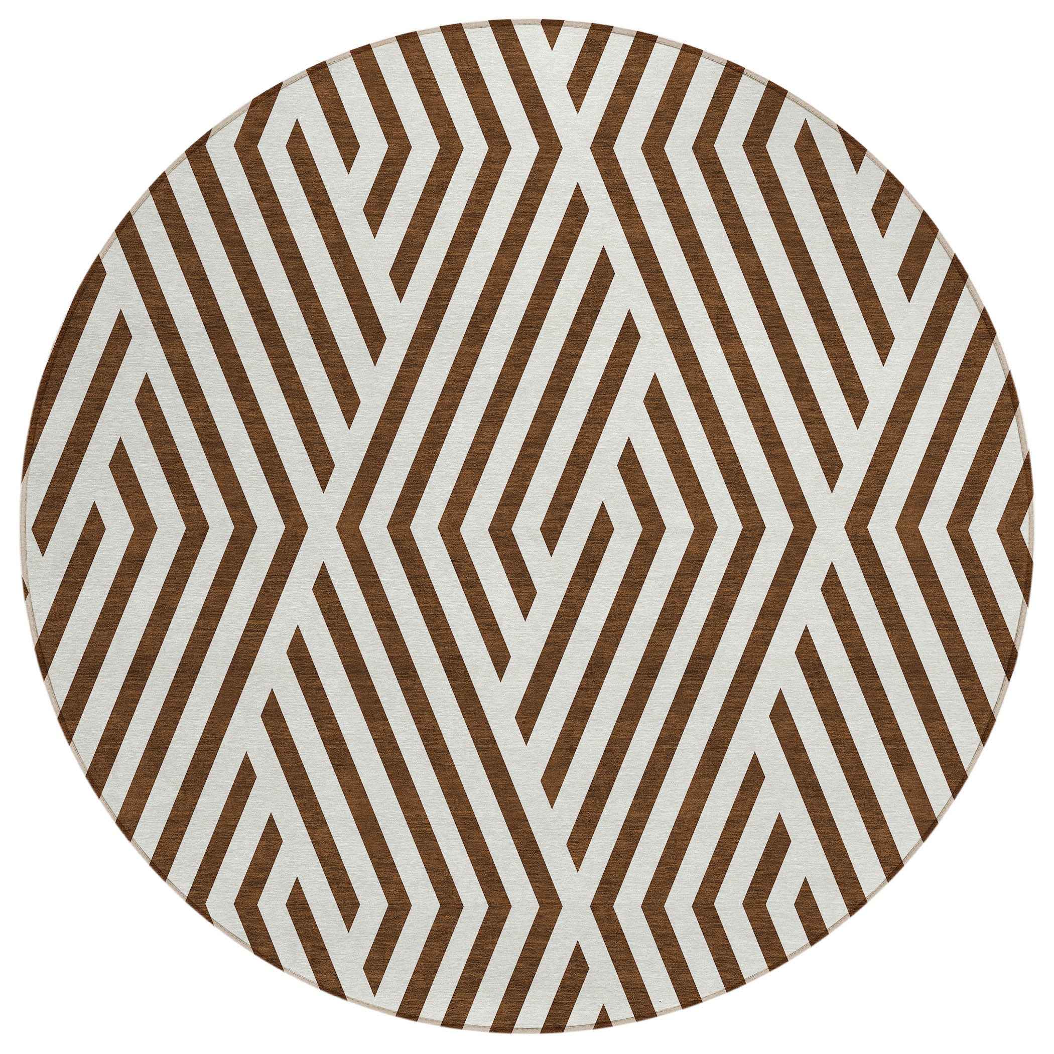 8' Brown And White Round Geometric Washable Indoor Outdoor Area Rug