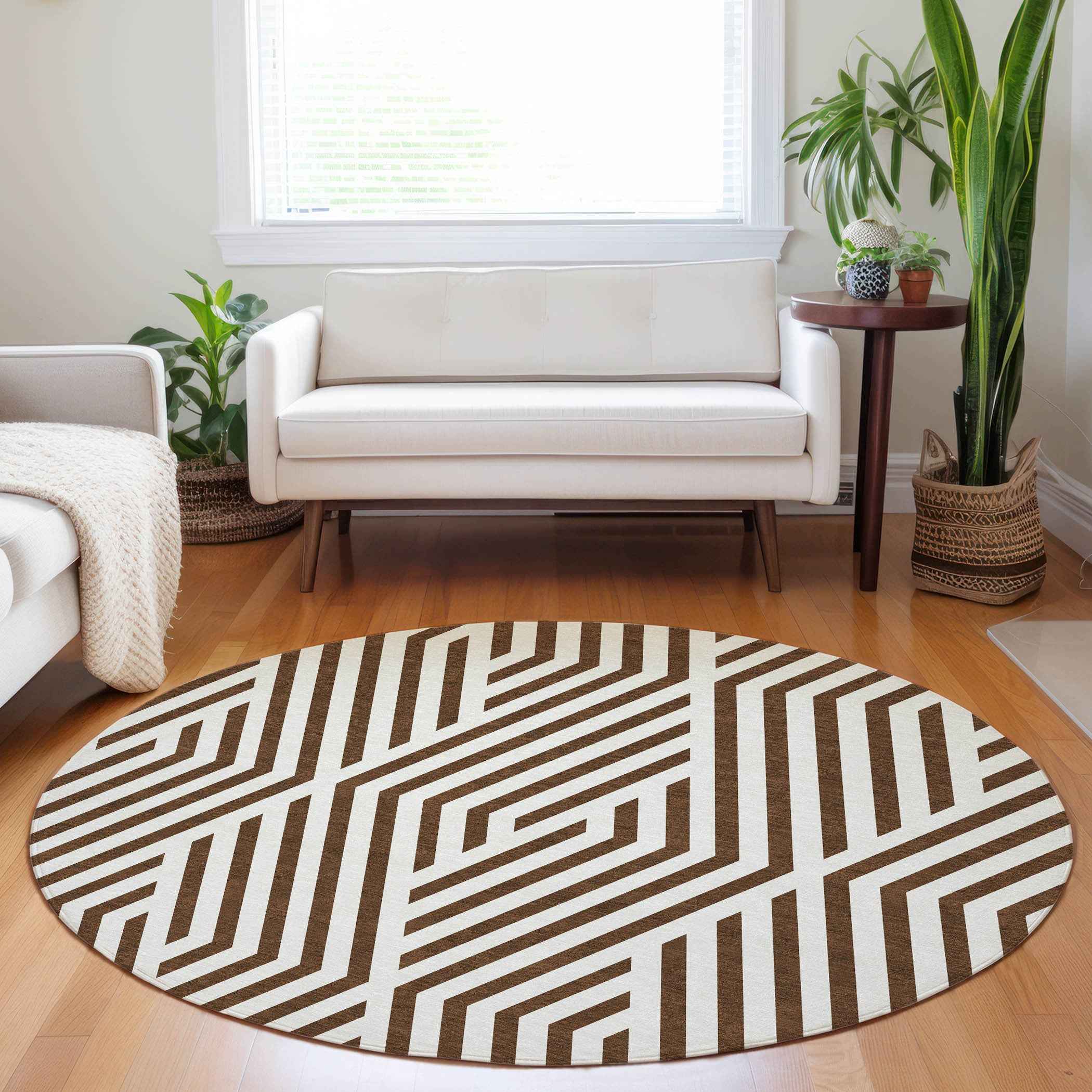8' Brown And White Round Geometric Washable Indoor Outdoor Area Rug