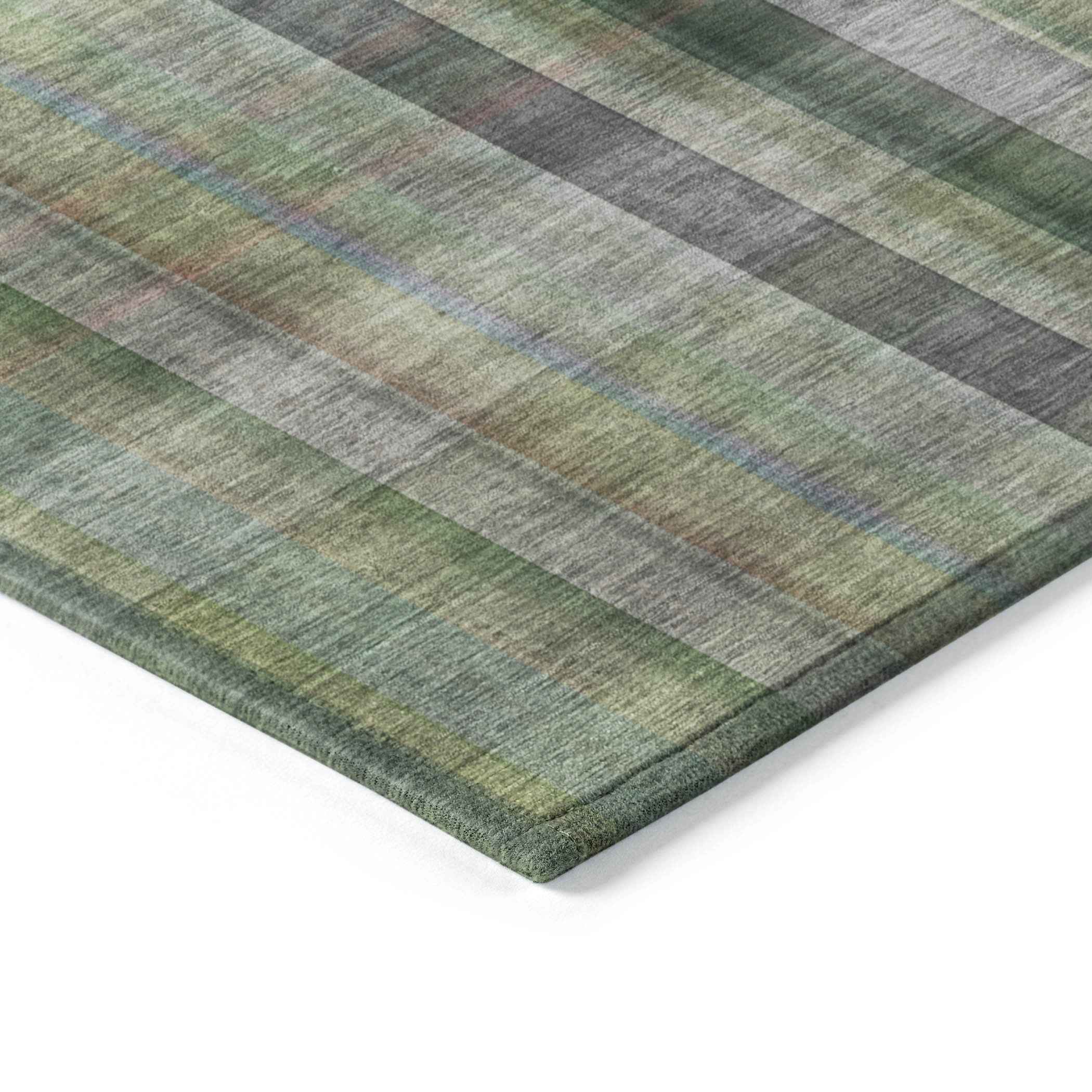 2' X 3' Green Beige and Gray Plaid Washable Non Skid Indoor Outdoor Area Rug