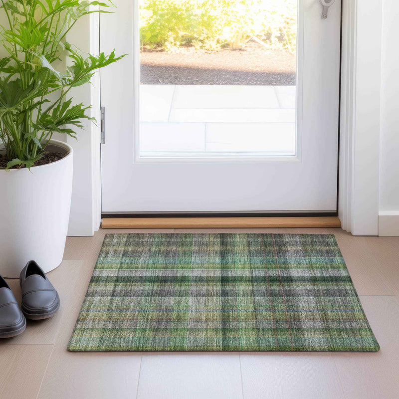2' X 3' Green Beige and Gray Plaid Washable Non Skid Indoor Outdoor Area Rug