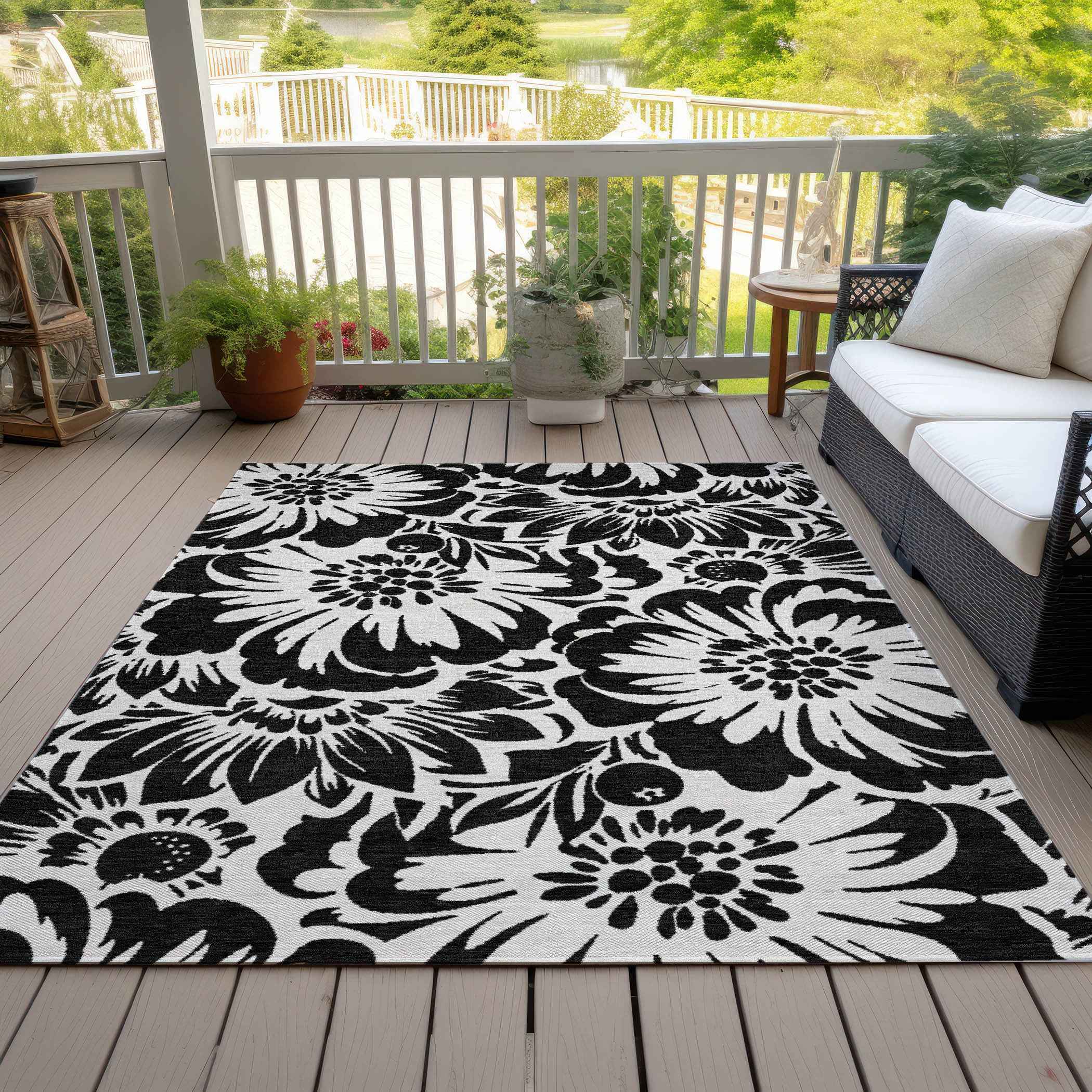 8' X 10' Black and Ivory Floral Washable Non Skid Indoor Outdoor Area Rug