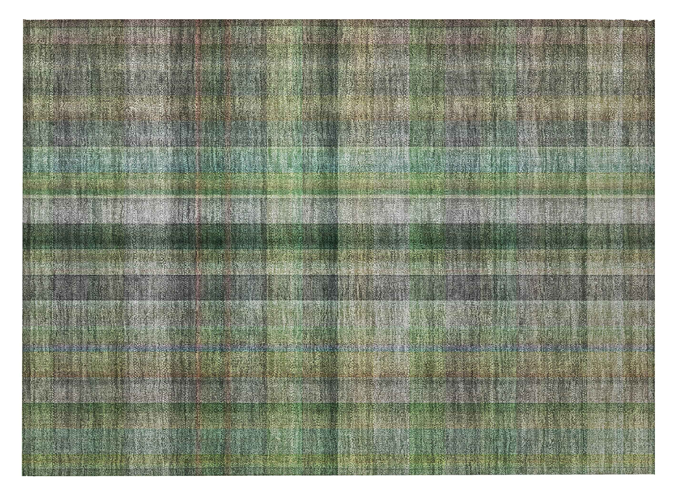 2' X 3' Green Beige and Gray Plaid Washable Non Skid Indoor Outdoor Area Rug