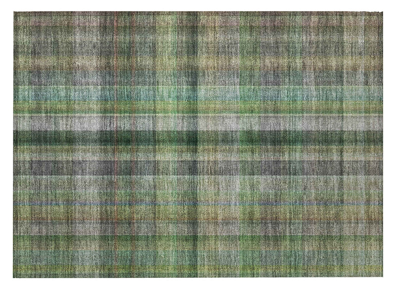 2' X 3' Green Beige and Gray Plaid Washable Non Skid Indoor Outdoor Area Rug