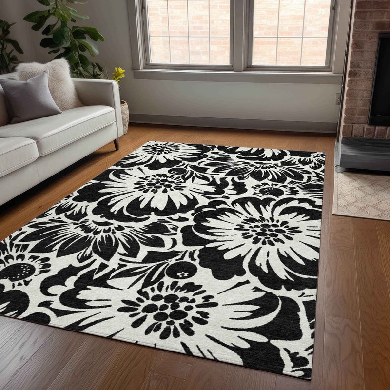 8' X 10' Black and Ivory Floral Washable Non Skid Indoor Outdoor Area Rug