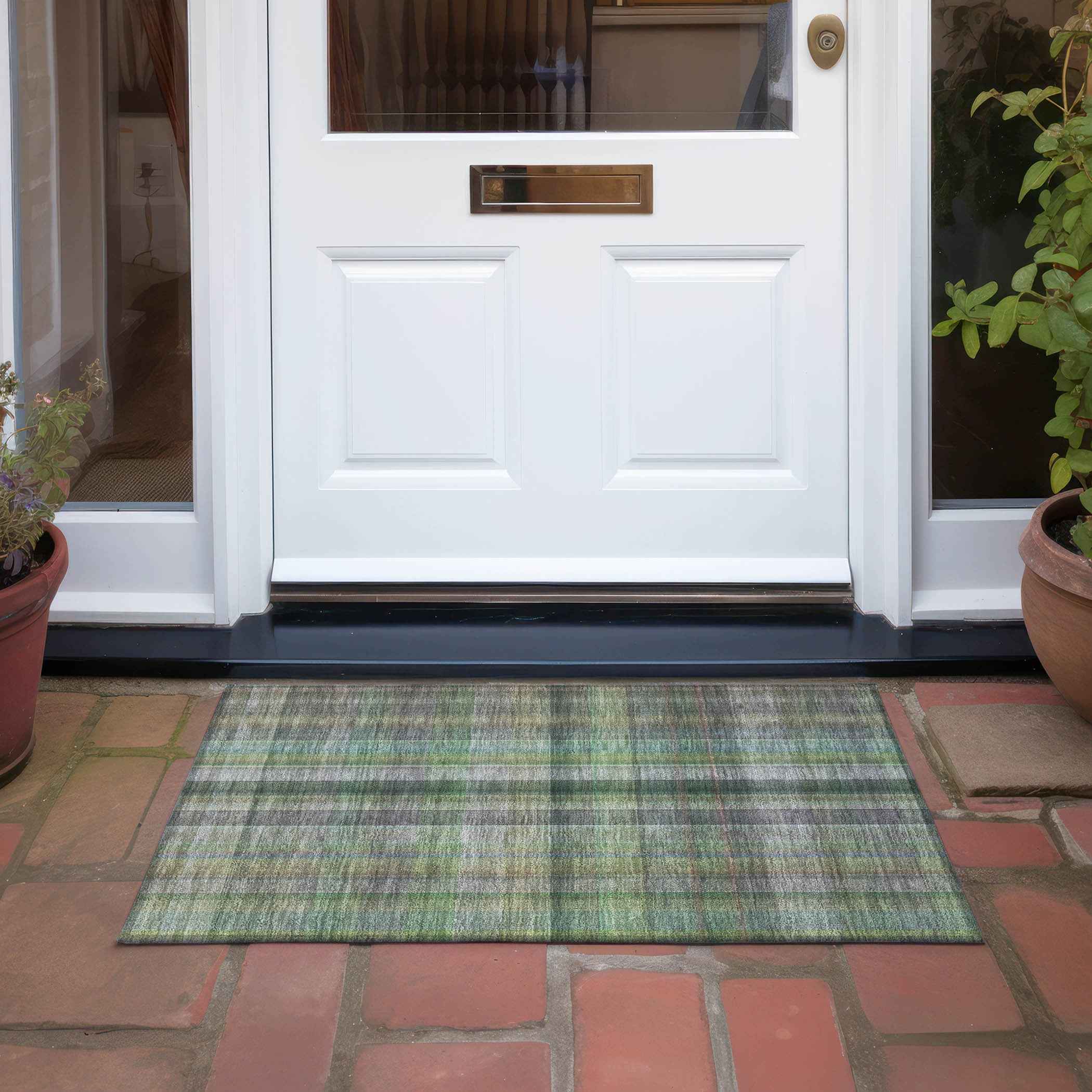 2' X 3' Green Beige and Gray Plaid Washable Non Skid Indoor Outdoor Area Rug