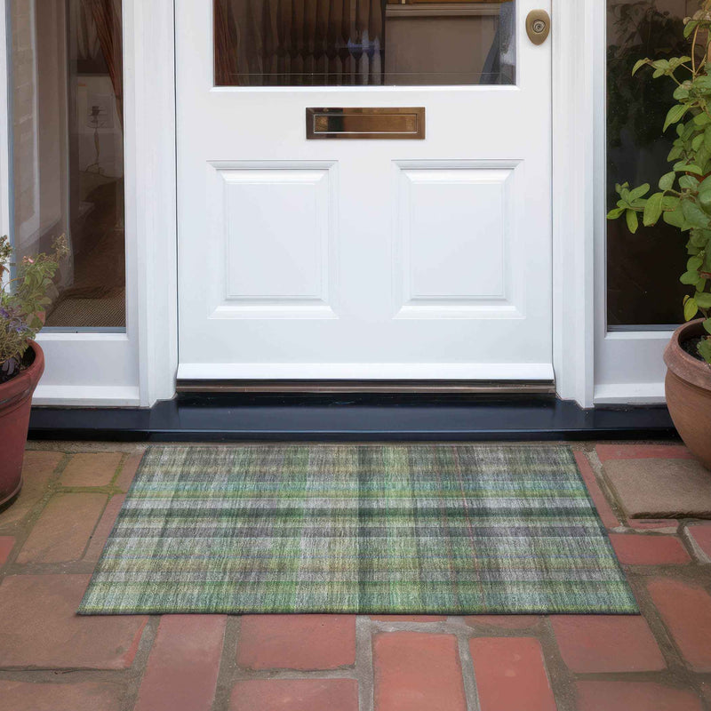 2' X 3' Green Beige and Gray Plaid Washable Non Skid Indoor Outdoor Area Rug