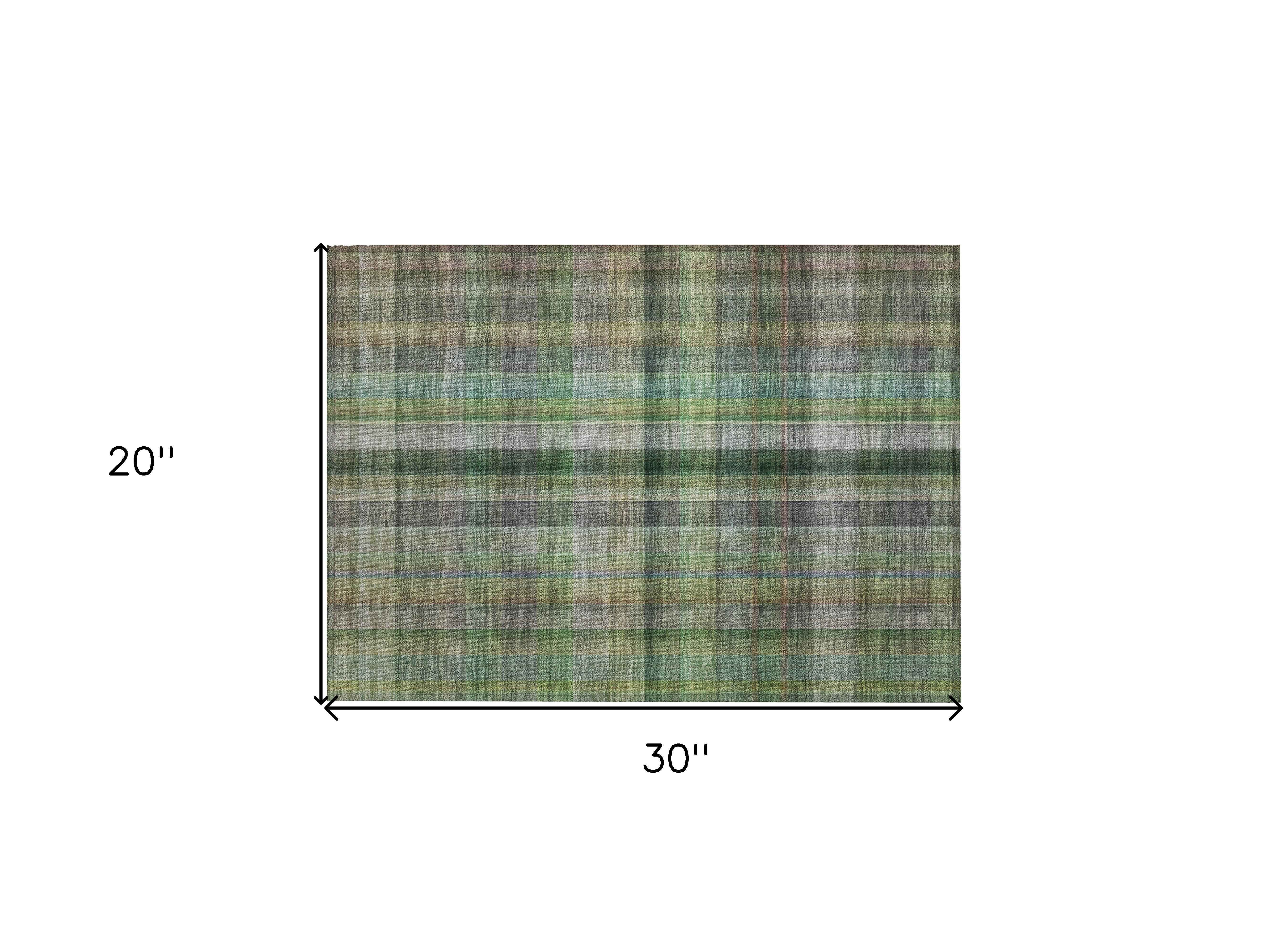 2' X 3' Green Beige and Gray Plaid Washable Non Skid Indoor Outdoor Area Rug