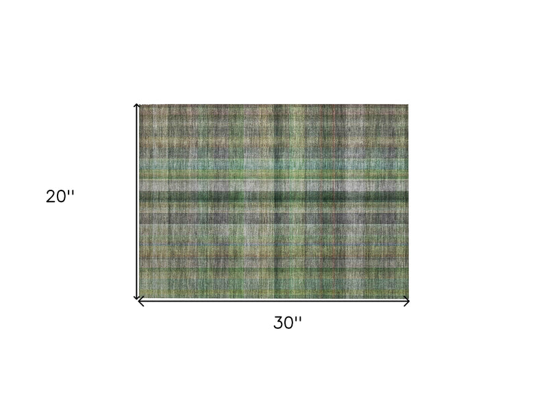 2' X 3' Green Beige and Gray Plaid Washable Non Skid Indoor Outdoor Area Rug
