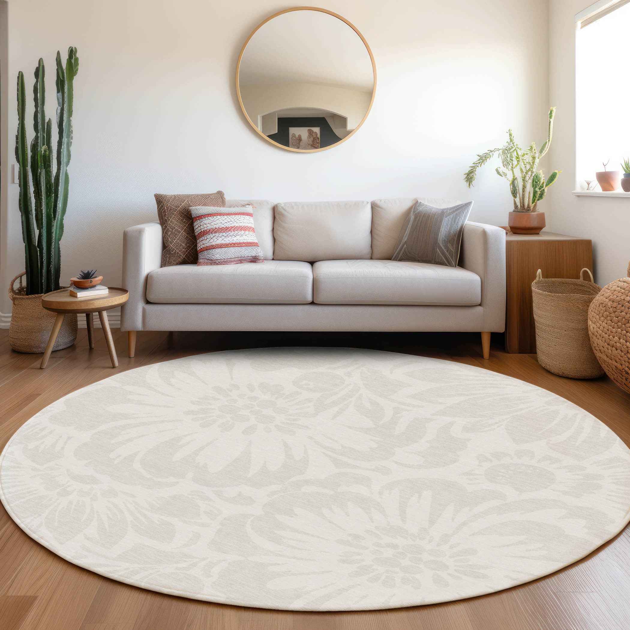 8' Round Ivory Round Floral Washable Non Skid Indoor Outdoor Area Rug