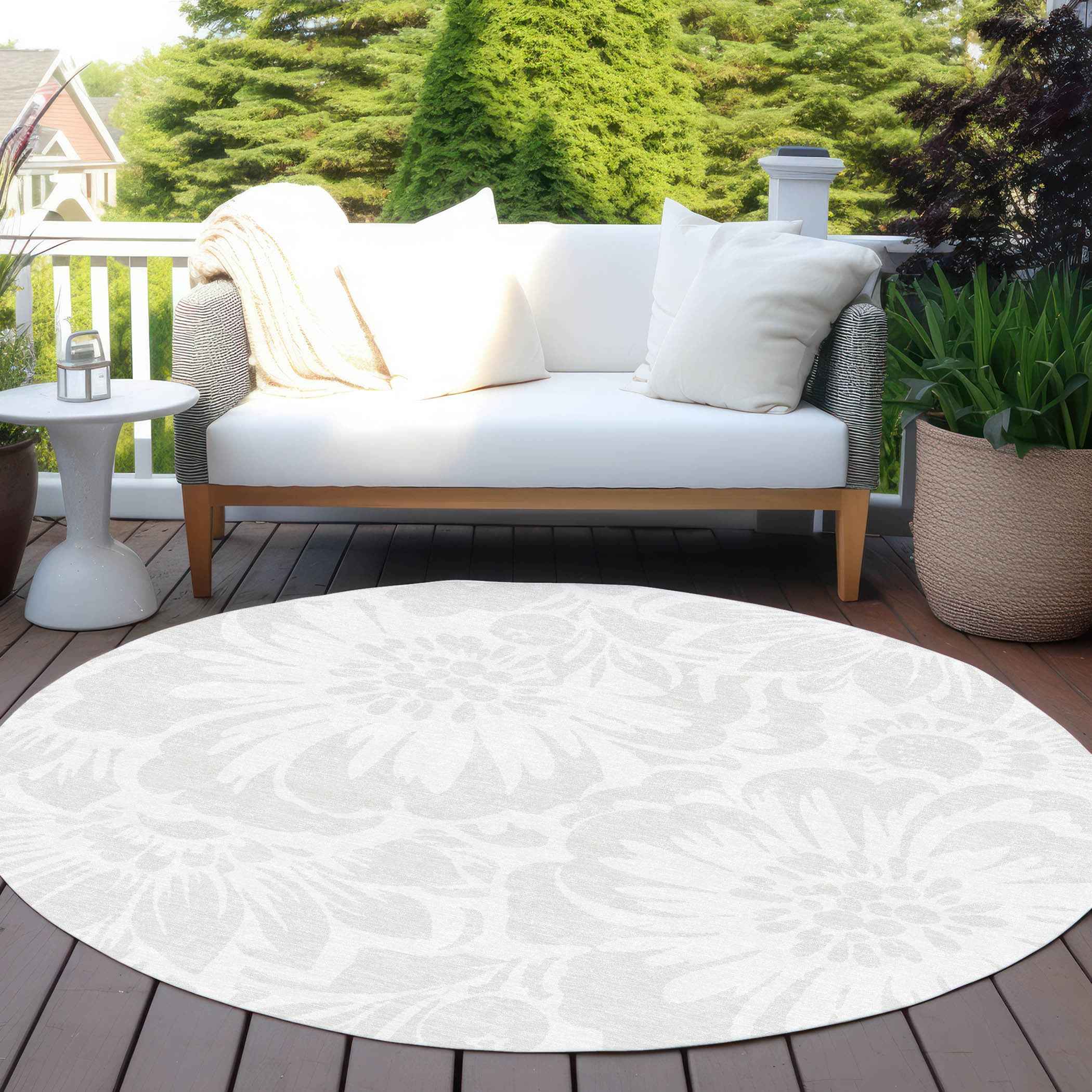 8' Round Ivory Round Floral Washable Non Skid Indoor Outdoor Area Rug