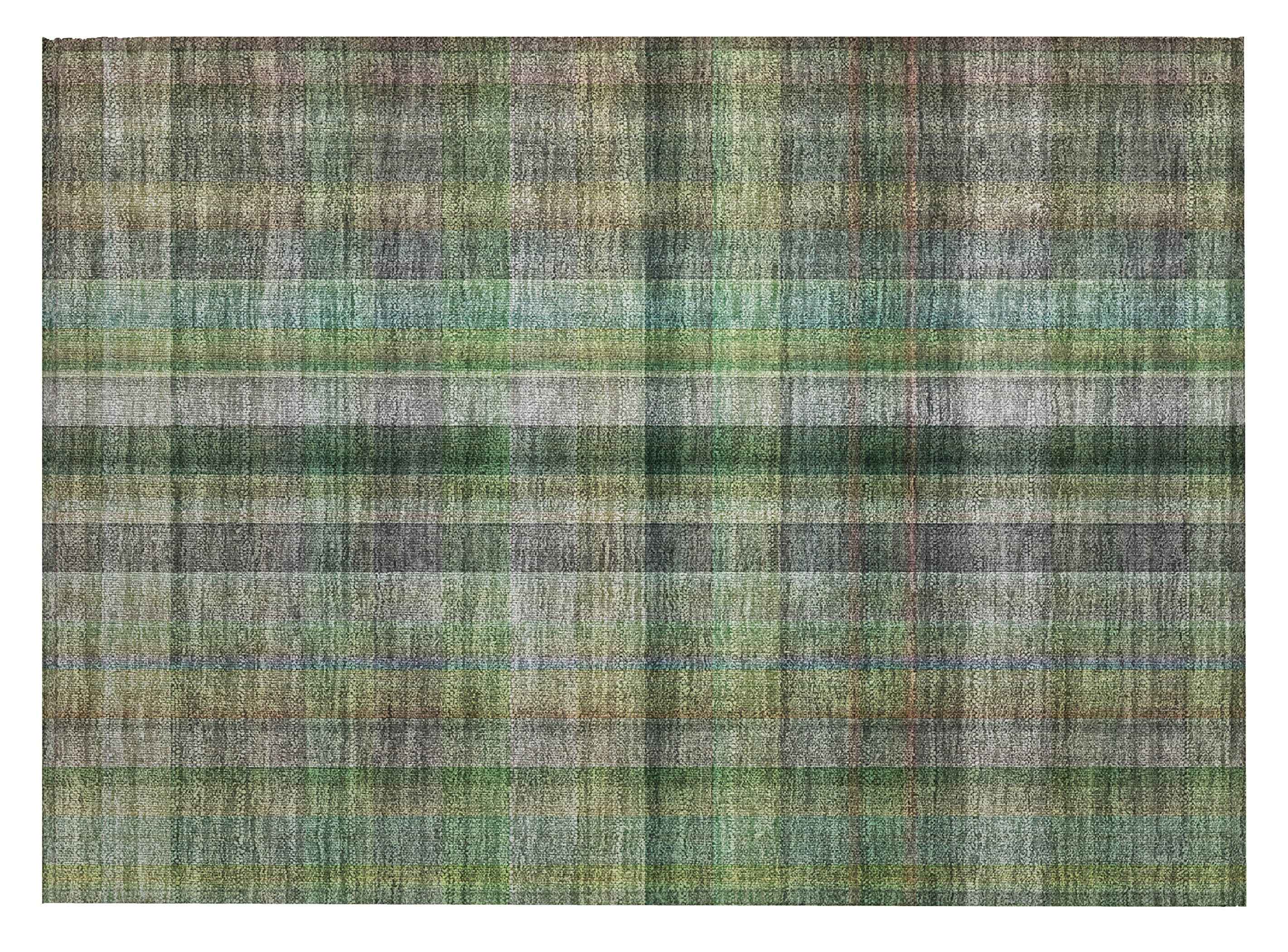2' X 3' Green Beige and Gray Plaid Washable Non Skid Indoor Outdoor Area Rug