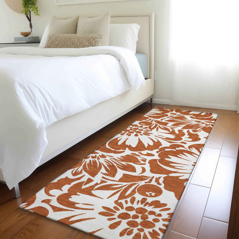 2' X 8' Rust and Ivory Floral Washable Non Skid Indoor Outdoor Runner Rug