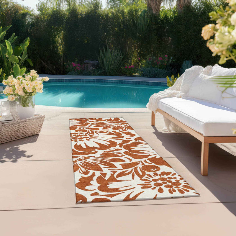 2' X 8' Rust and Ivory Floral Washable Non Skid Indoor Outdoor Runner Rug