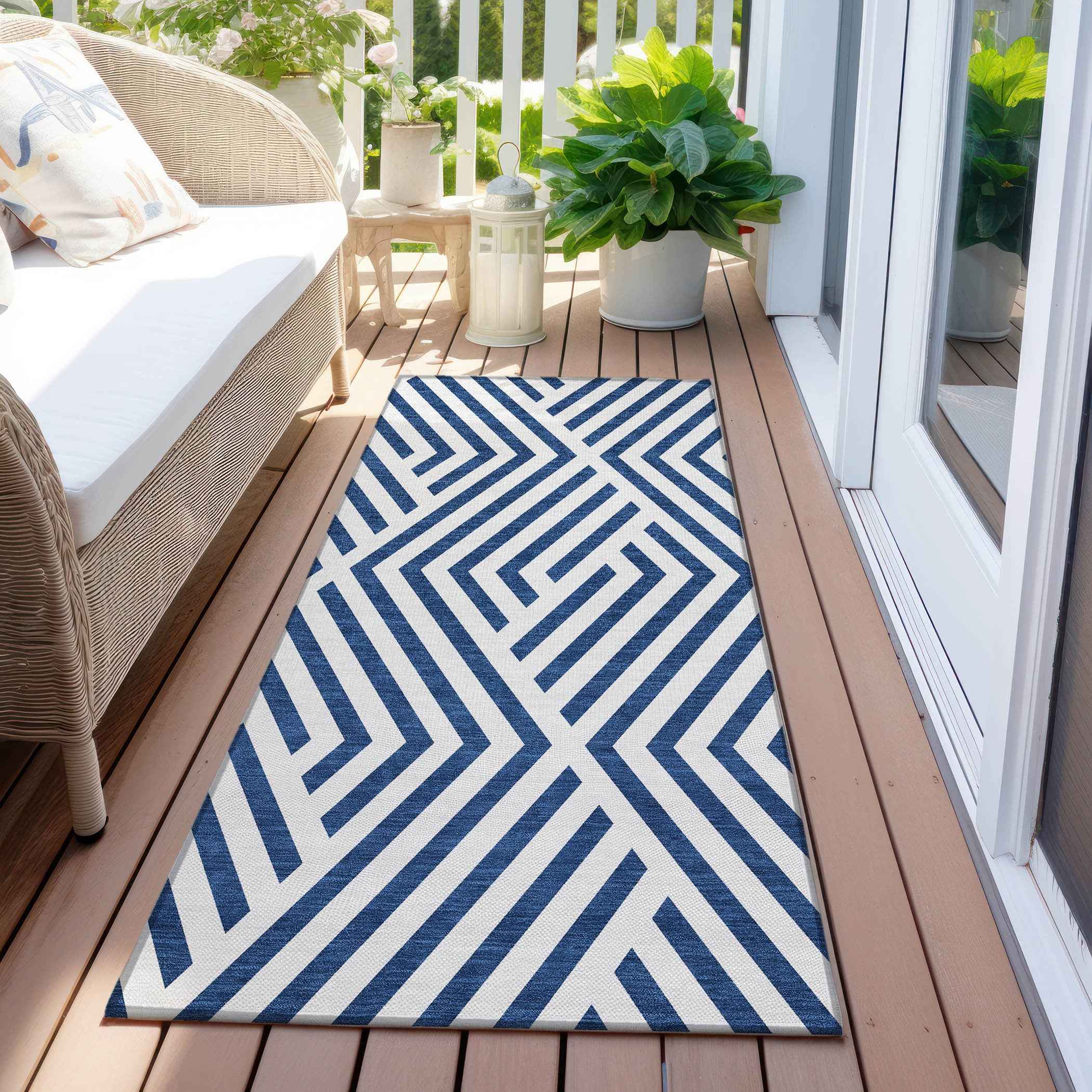 2' X 8' Navy and White Geometric Washable Non Skid Indoor Outdoor Runner Rug