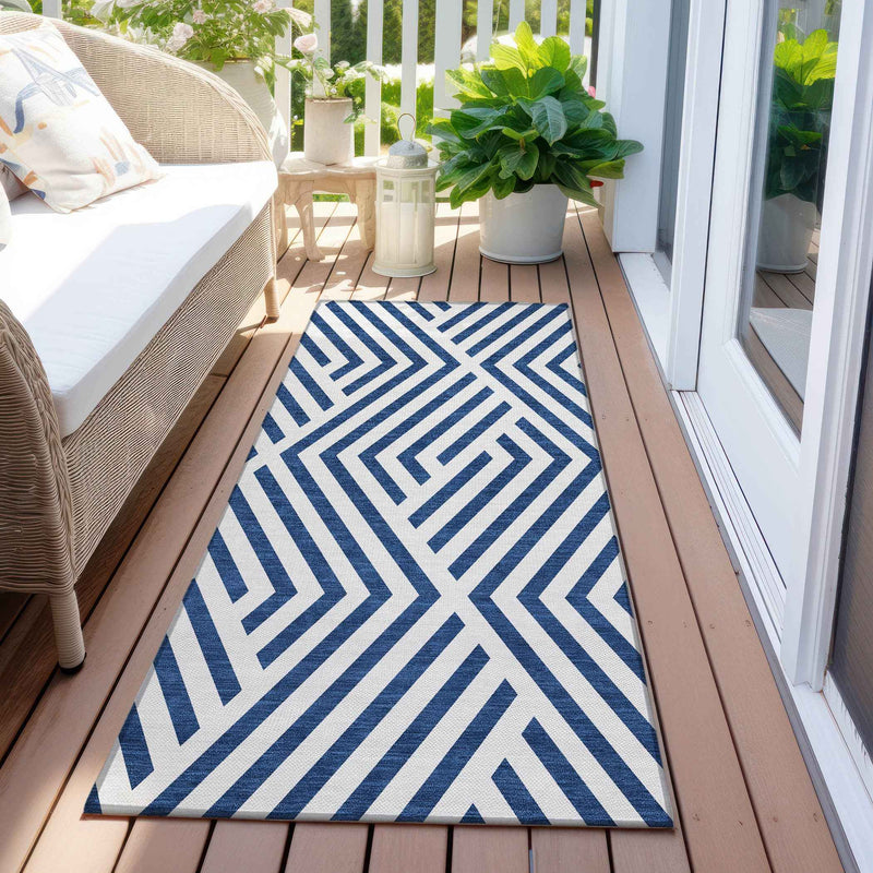 2' X 8' Navy and White Geometric Washable Non Skid Indoor Outdoor Runner Rug