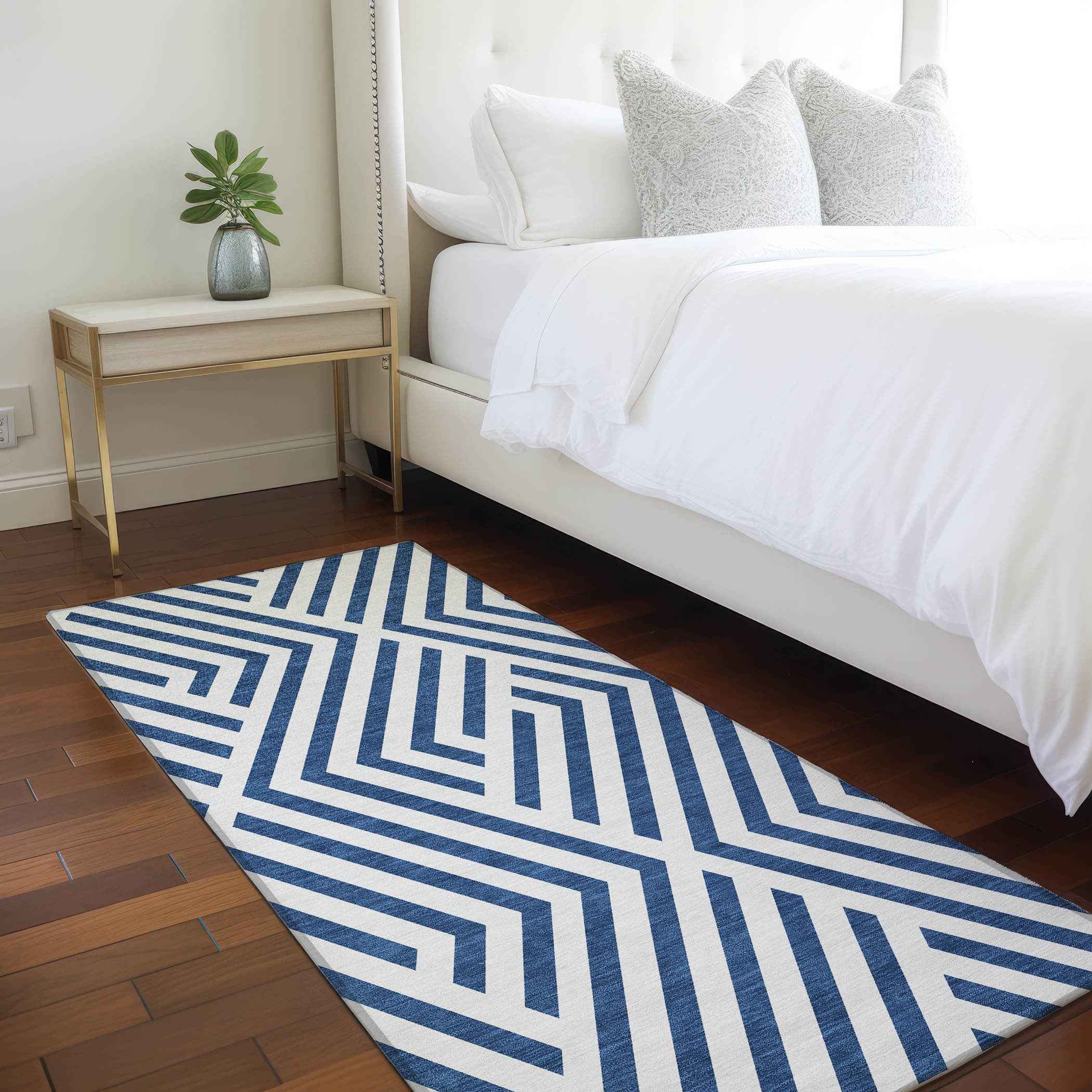 2' X 8' Navy and White Geometric Washable Non Skid Indoor Outdoor Runner Rug