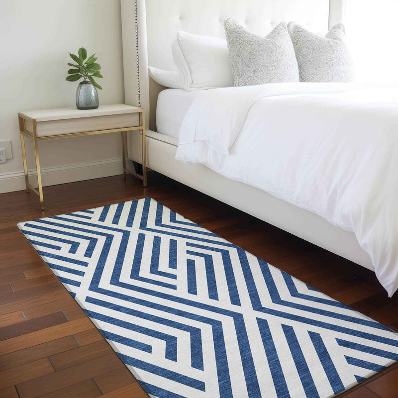 2' X 8' Navy and White Geometric Washable Non Skid Indoor Outdoor Runner Rug