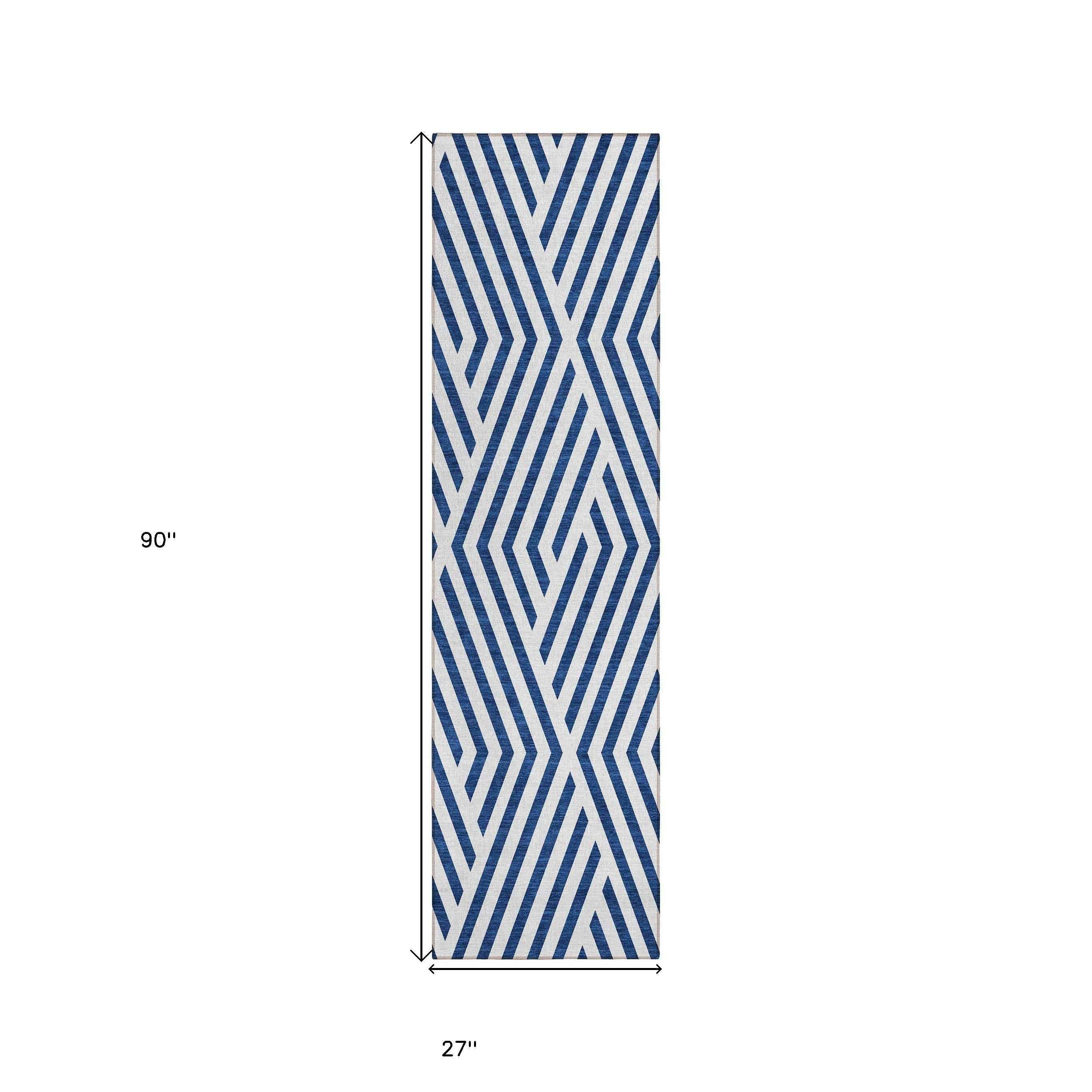 2' X 8' Navy and White Geometric Washable Non Skid Indoor Outdoor Runner Rug