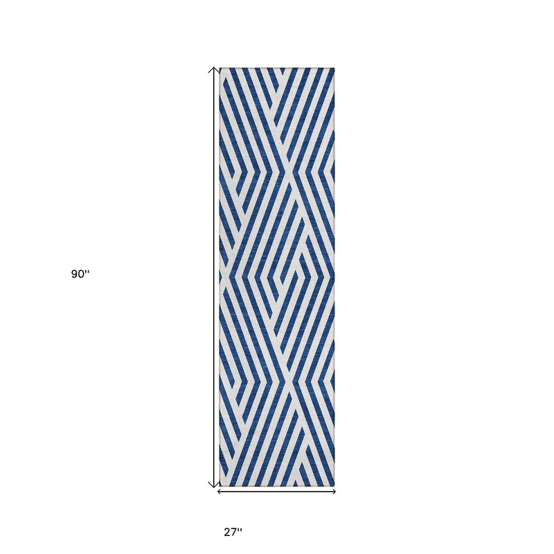2' X 8' Navy and White Geometric Washable Non Skid Indoor Outdoor Runner Rug