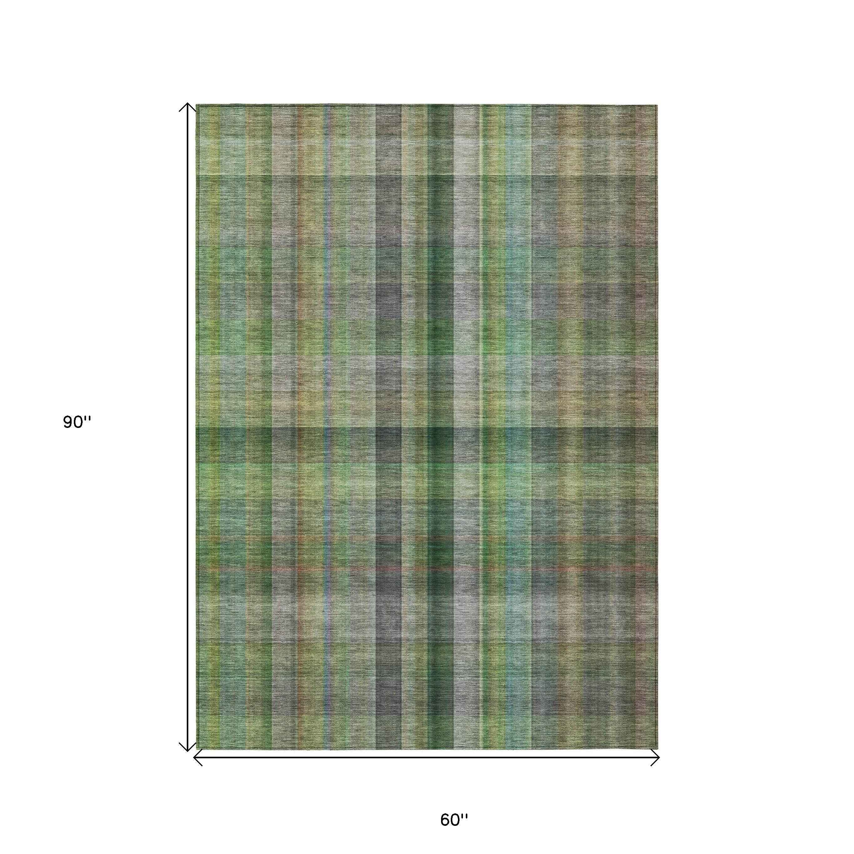 5' X 8' Green Plaid Washable Non Skid Indoor Outdoor Area Rug