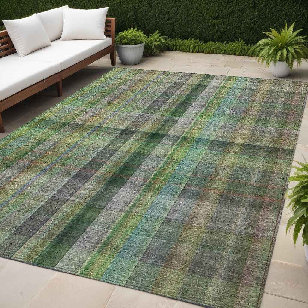 5' X 8' Green Plaid Washable Non Skid Indoor Outdoor Area Rug