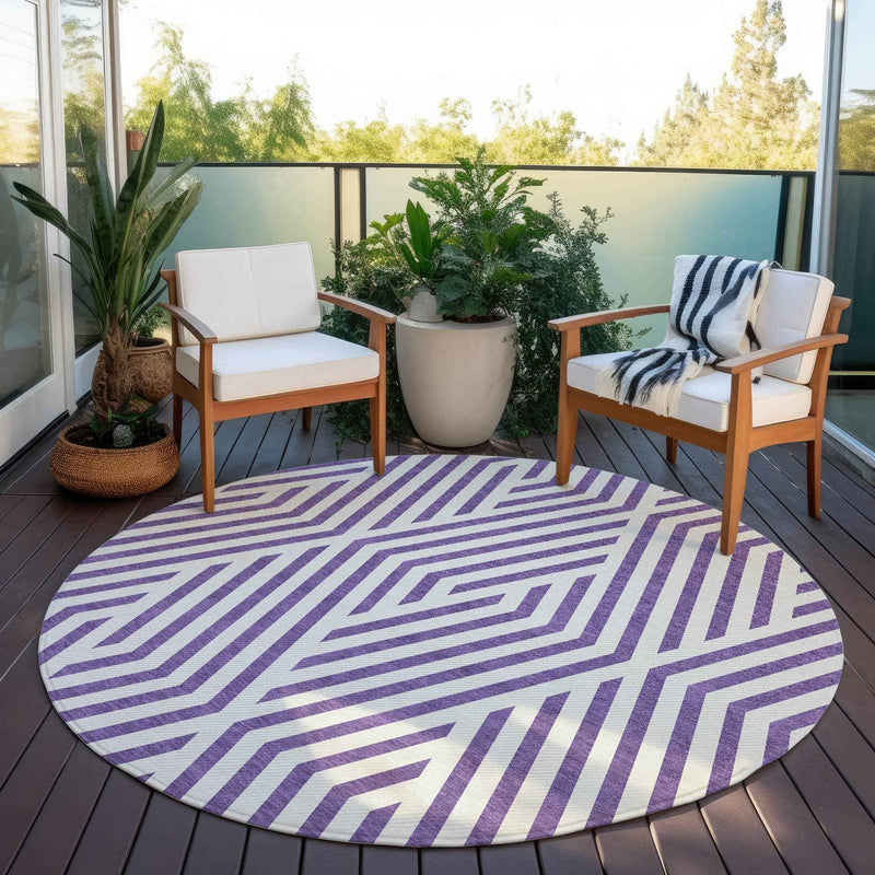 8' Purple And White Round Geometric Washable Indoor Outdoor Area Rug