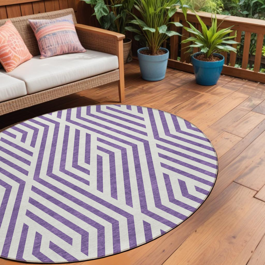 8' Purple And White Round Geometric Washable Indoor Outdoor Area Rug