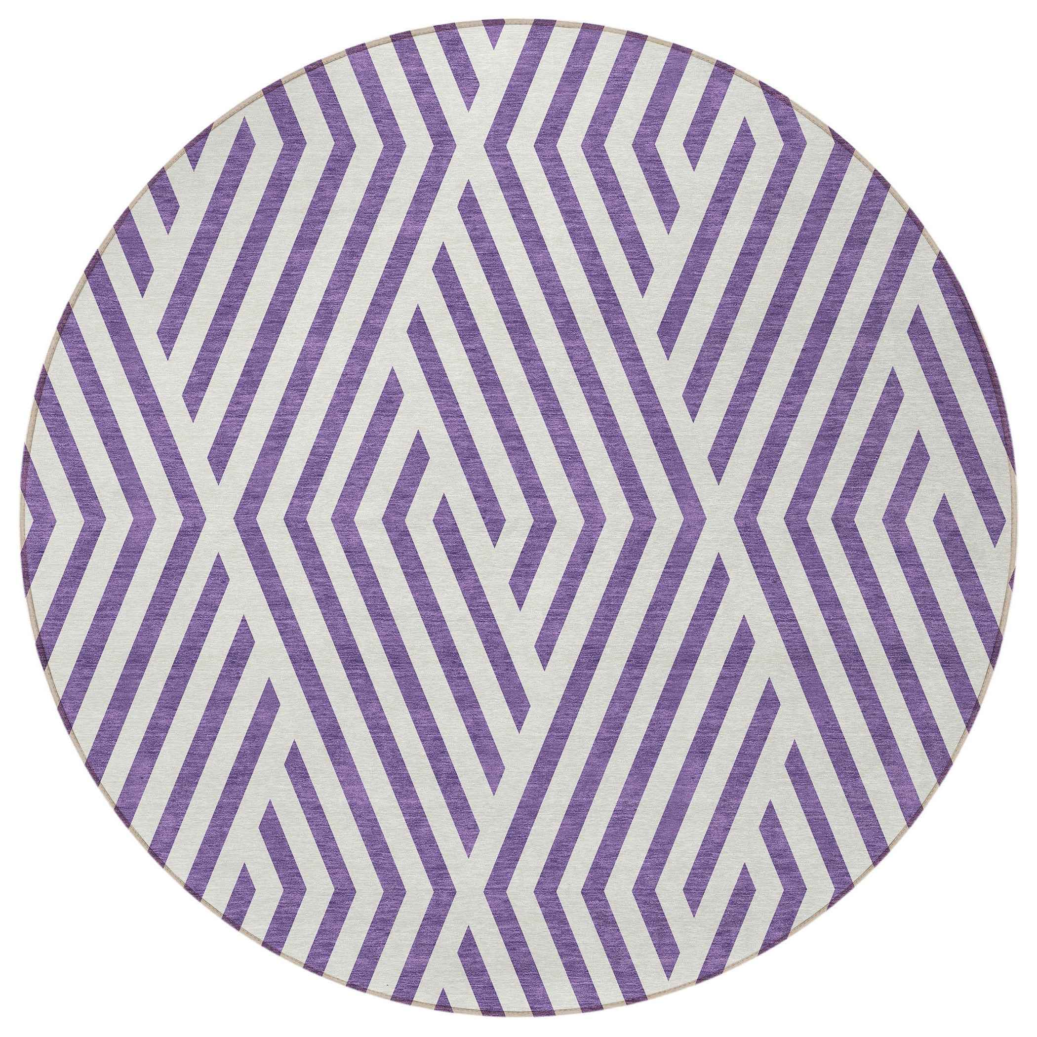 8' Purple And White Round Geometric Washable Indoor Outdoor Area Rug