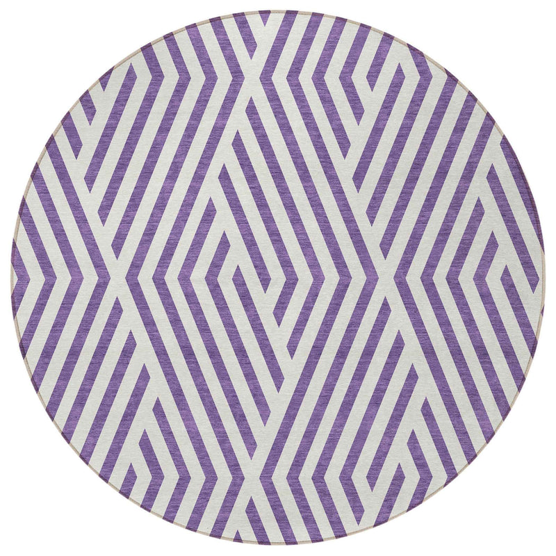 8' Purple And White Round Geometric Washable Indoor Outdoor Area Rug